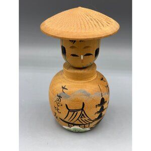 Vintage Japanese Kokeshi Doll Hand Painted Figure Hat Wooden
